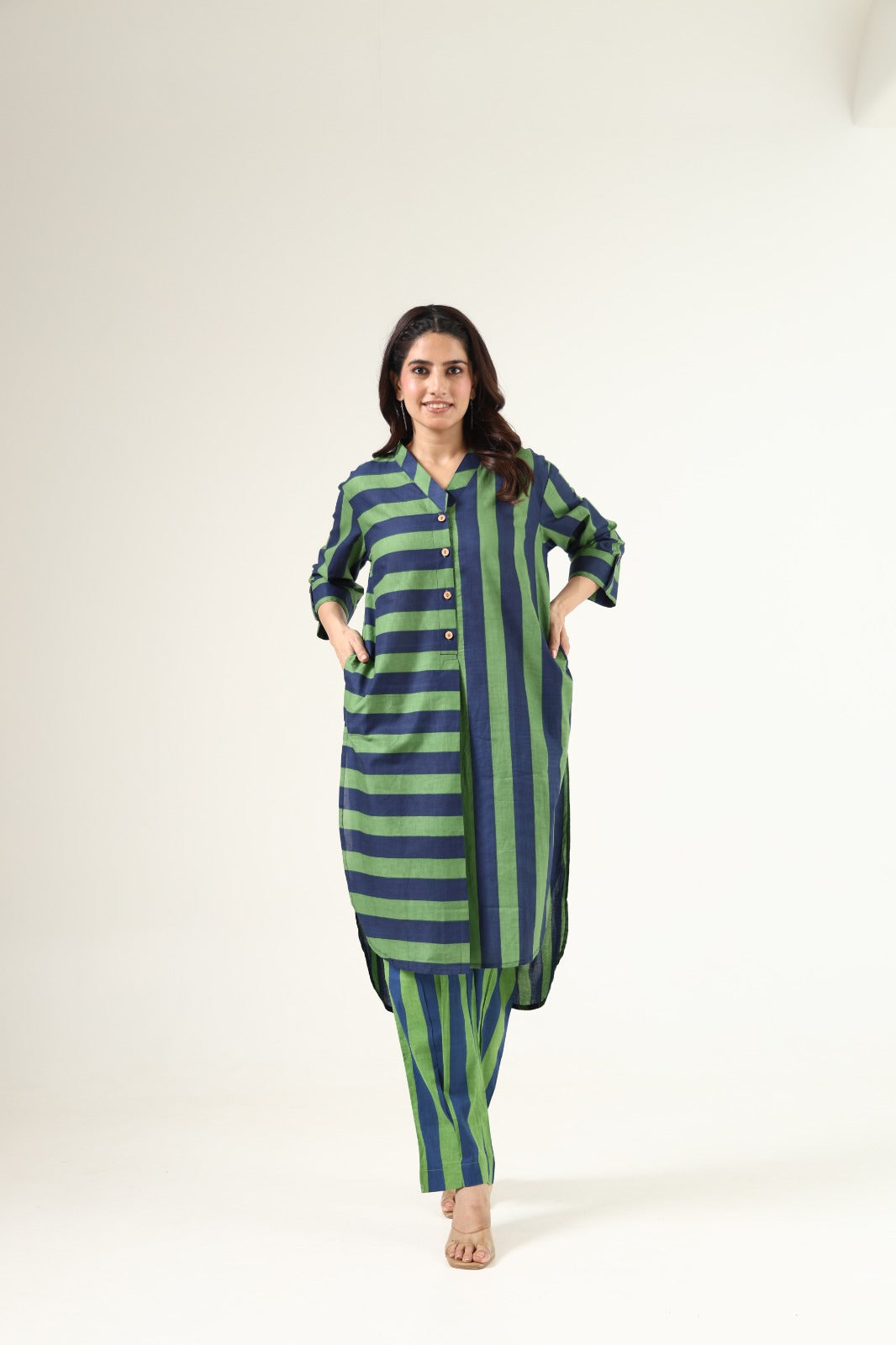 Blue with green pure cotton strips two piece cordset (A525)