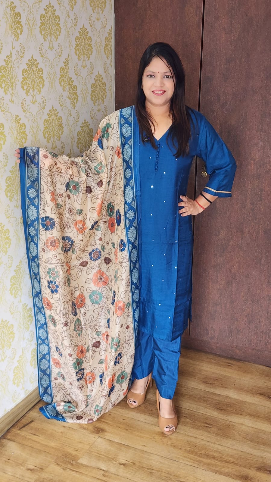 Blue pure mul silk cotton lining with kalamkari dupatta three piece set (A929)