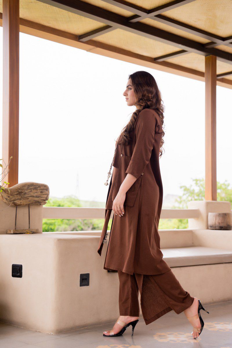Brown cotton linen smart three piece cordset set (A893)