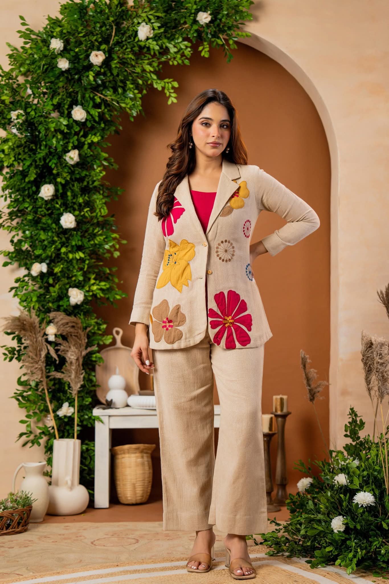 Jute cotton with lining designer three piece set (A995)
