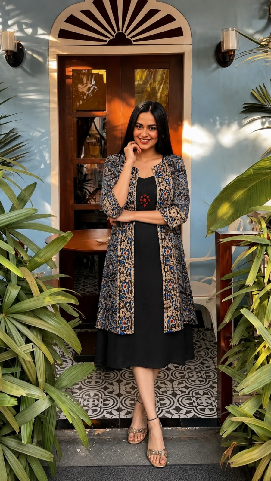 Kalamkari dress with shrug smart long two piece dress (S293)