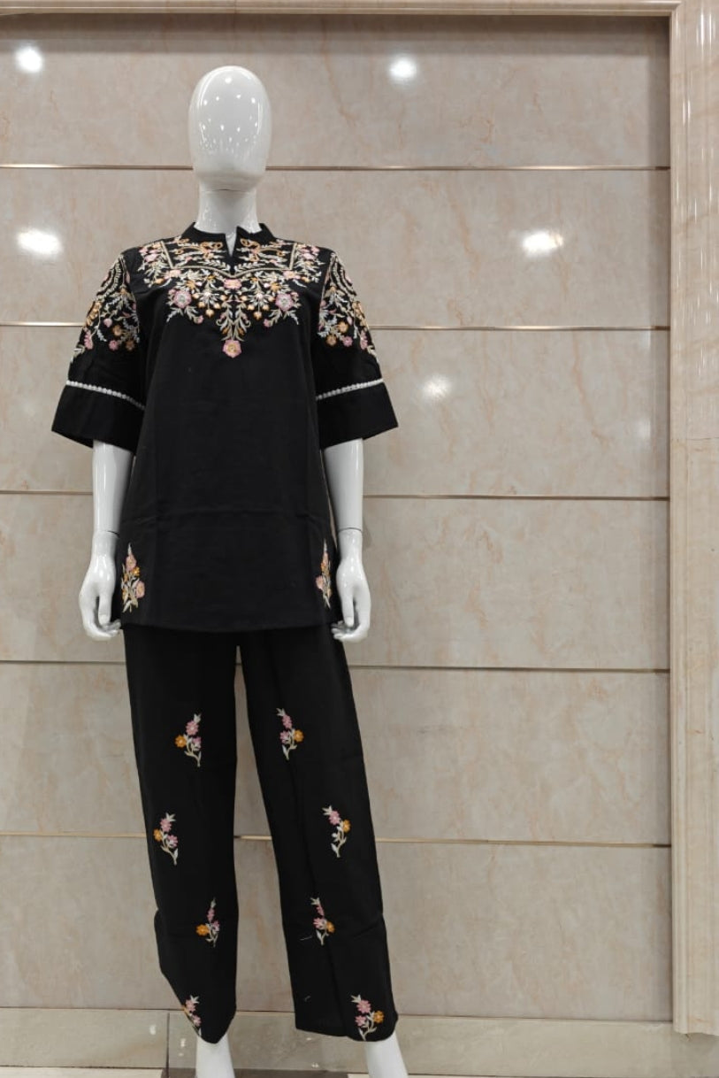Black cotton linen fully thread work two piece cordset (A504)