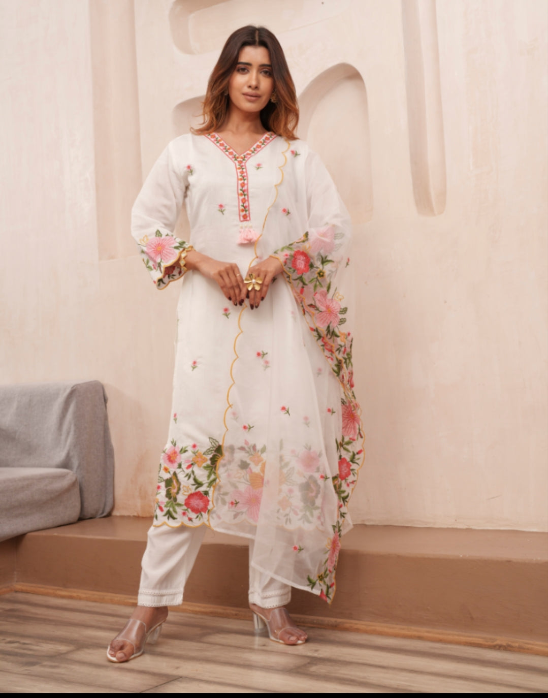 White pure muslin fully embroidered three piece set (P1933)