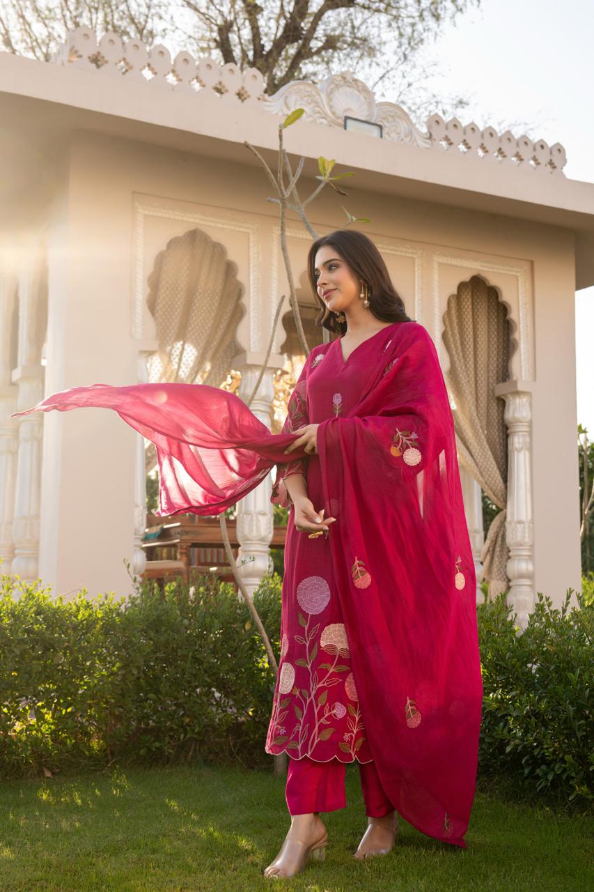 Wine pure mul chanderi with mul lining full thread work pakistani sleeves three piece set (P2164)