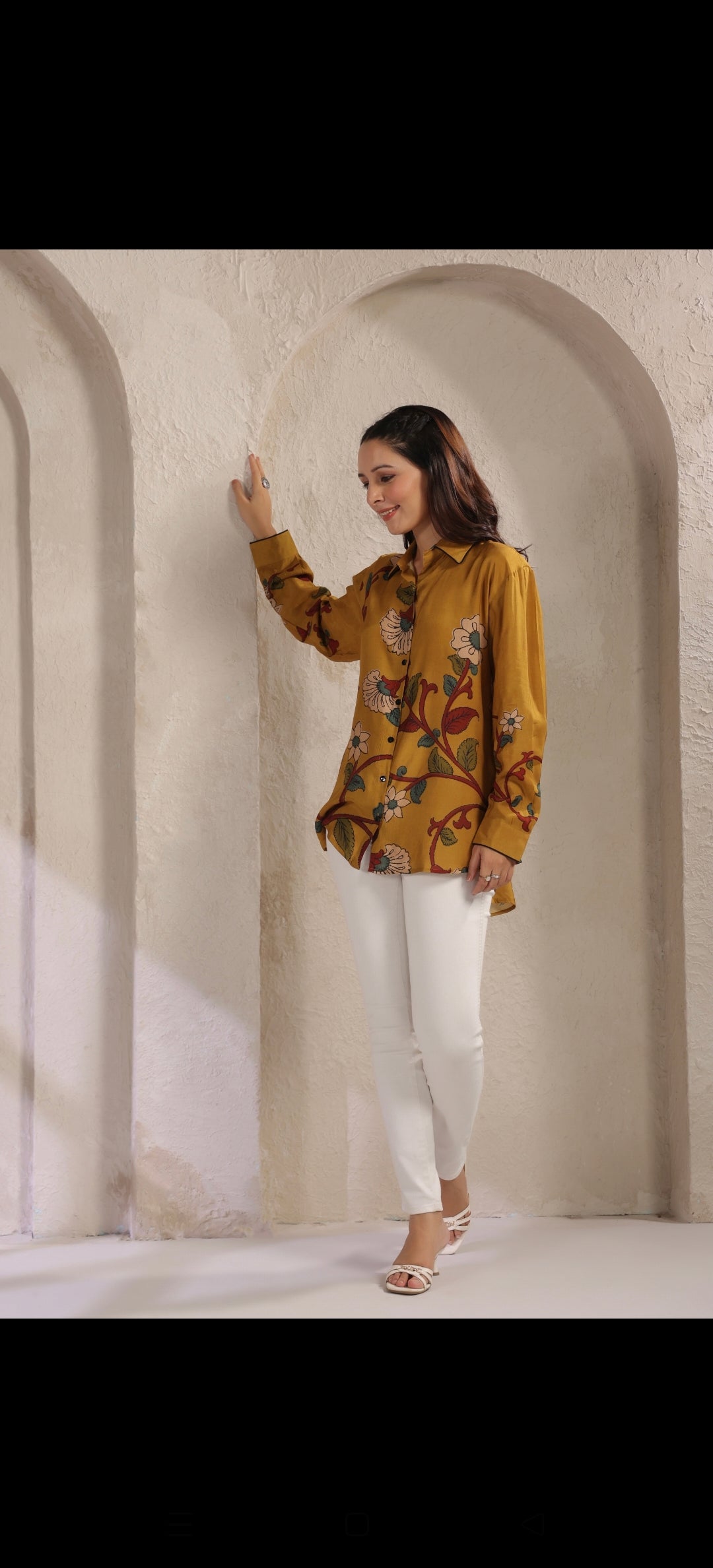 Mustred kalamkari shirt low high pattern (A960)