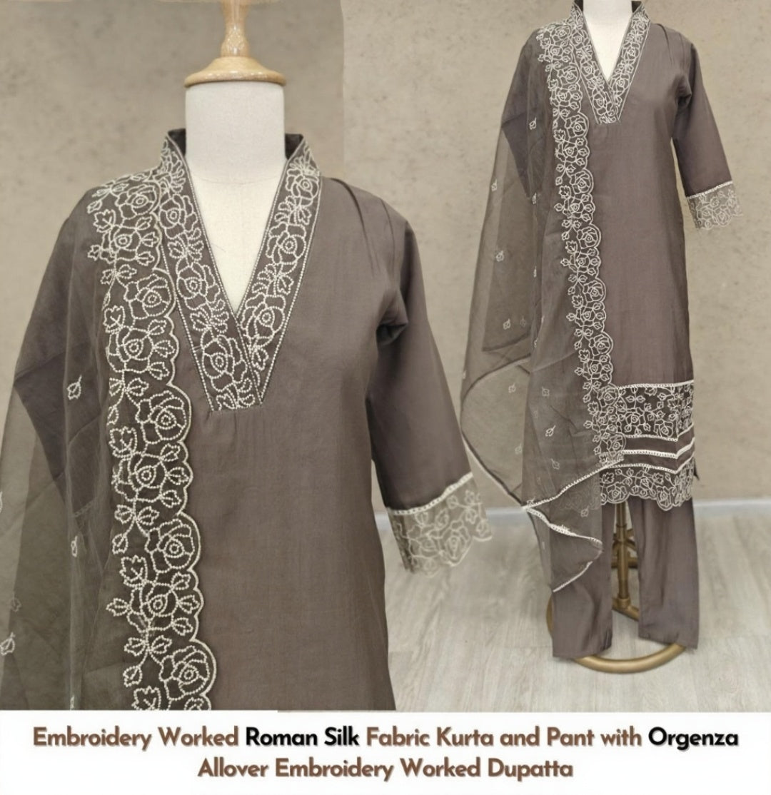 Brown fully embroidered with mul lining three piece set (A507)