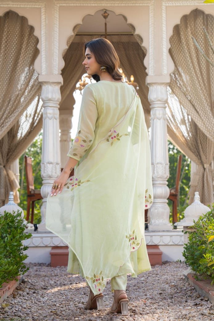 Light green mul chanderi with full thread work three piece set (P2034)