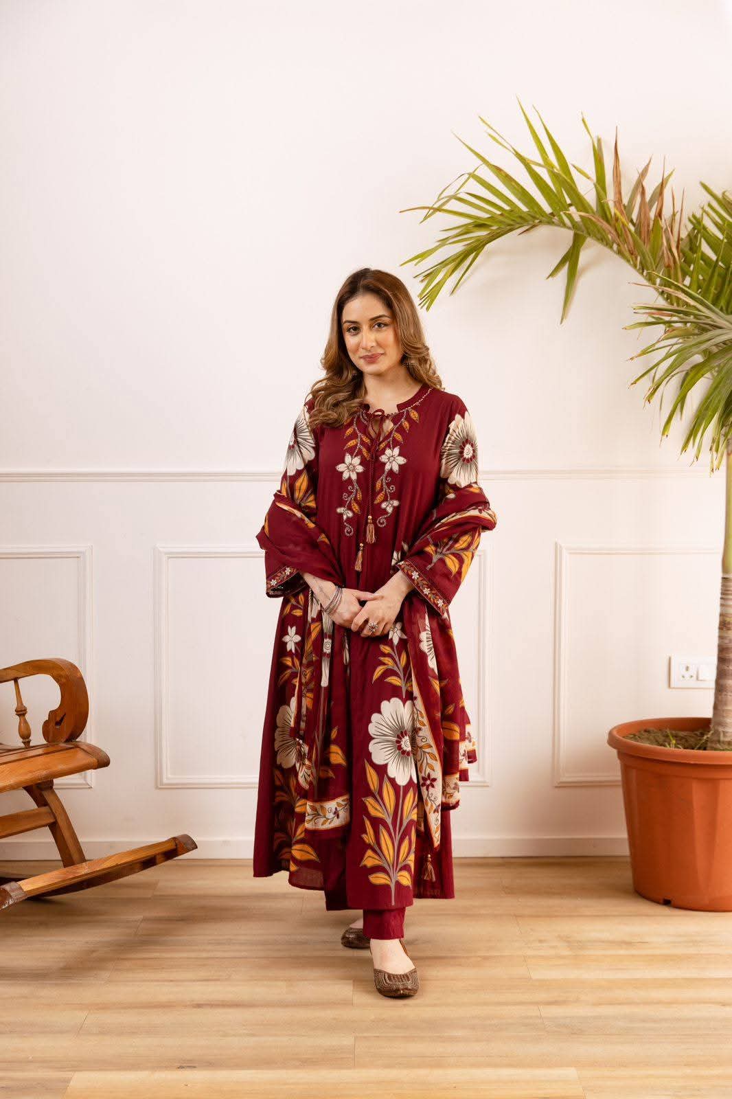 Pure cotton flared printed dark mahroon colour anarkali three piece set (A1904)