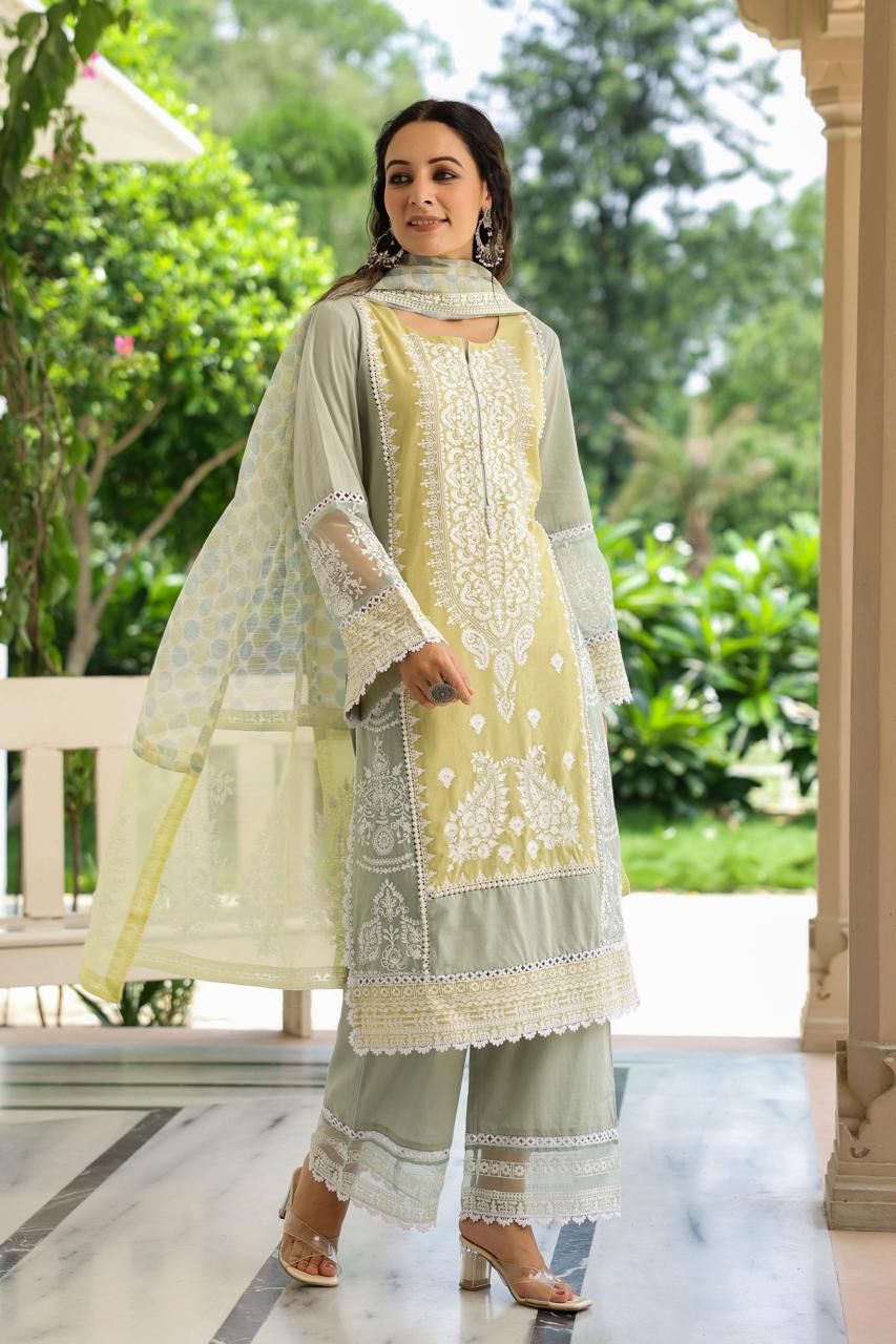 Pure cotton with full aari thread work pakistani pattern three piece set (P2052)