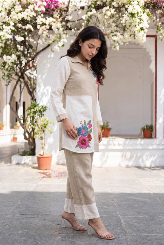 Cotton linen with lining crochet flower very elegant two piece cordset (S152)