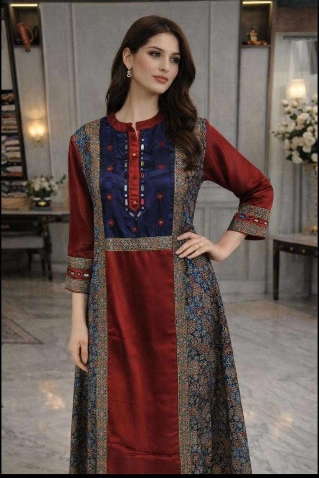 Pure gaji silk with real mirror ajrakh print one piece dress (A1868) (length 45 inch)