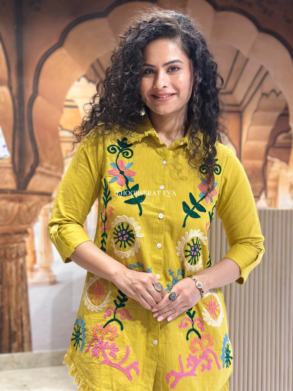 Musterd yellow full thread work two piece cordset (A673)