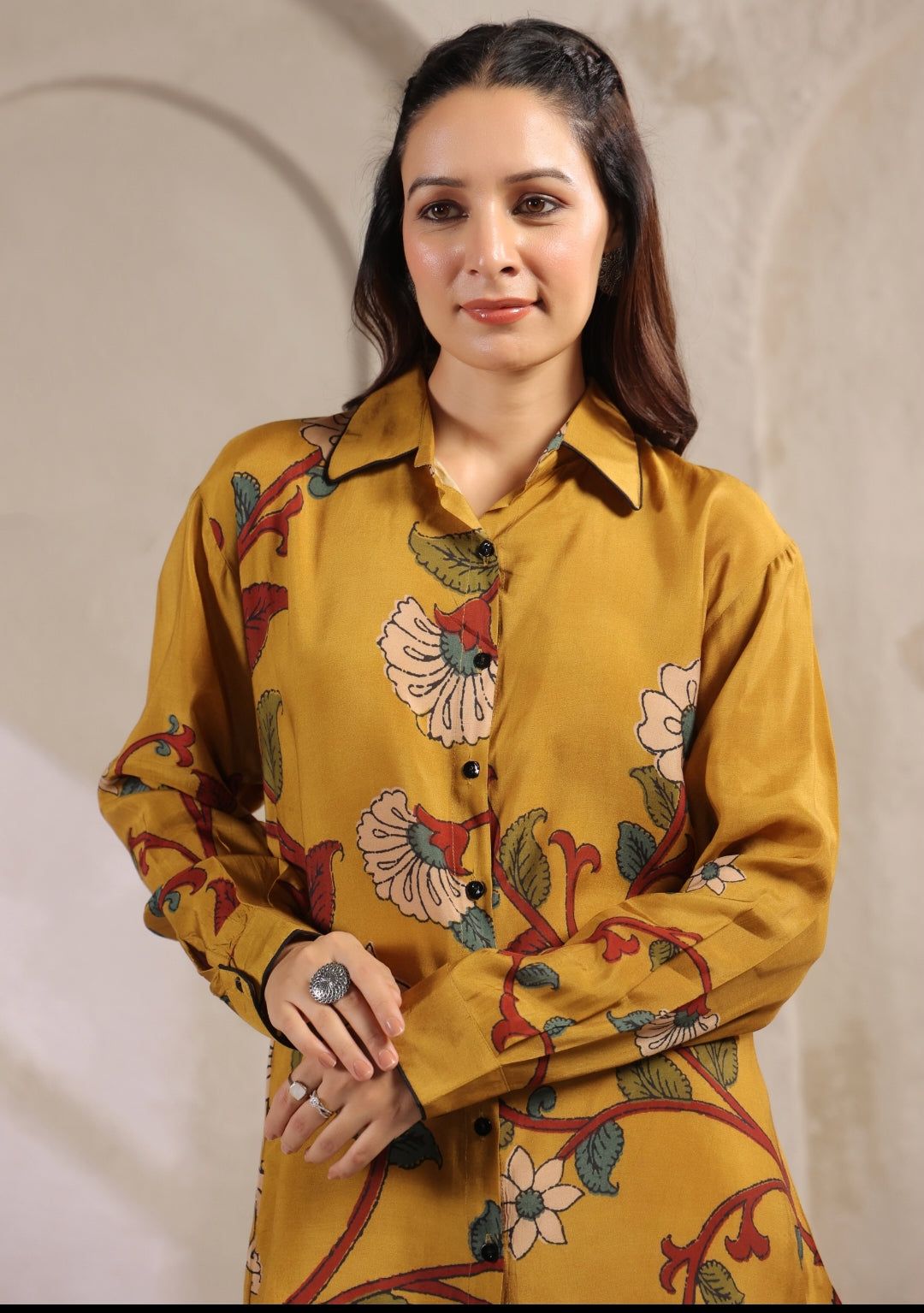 Mustred kalamkari shirt low high pattern (A960)
