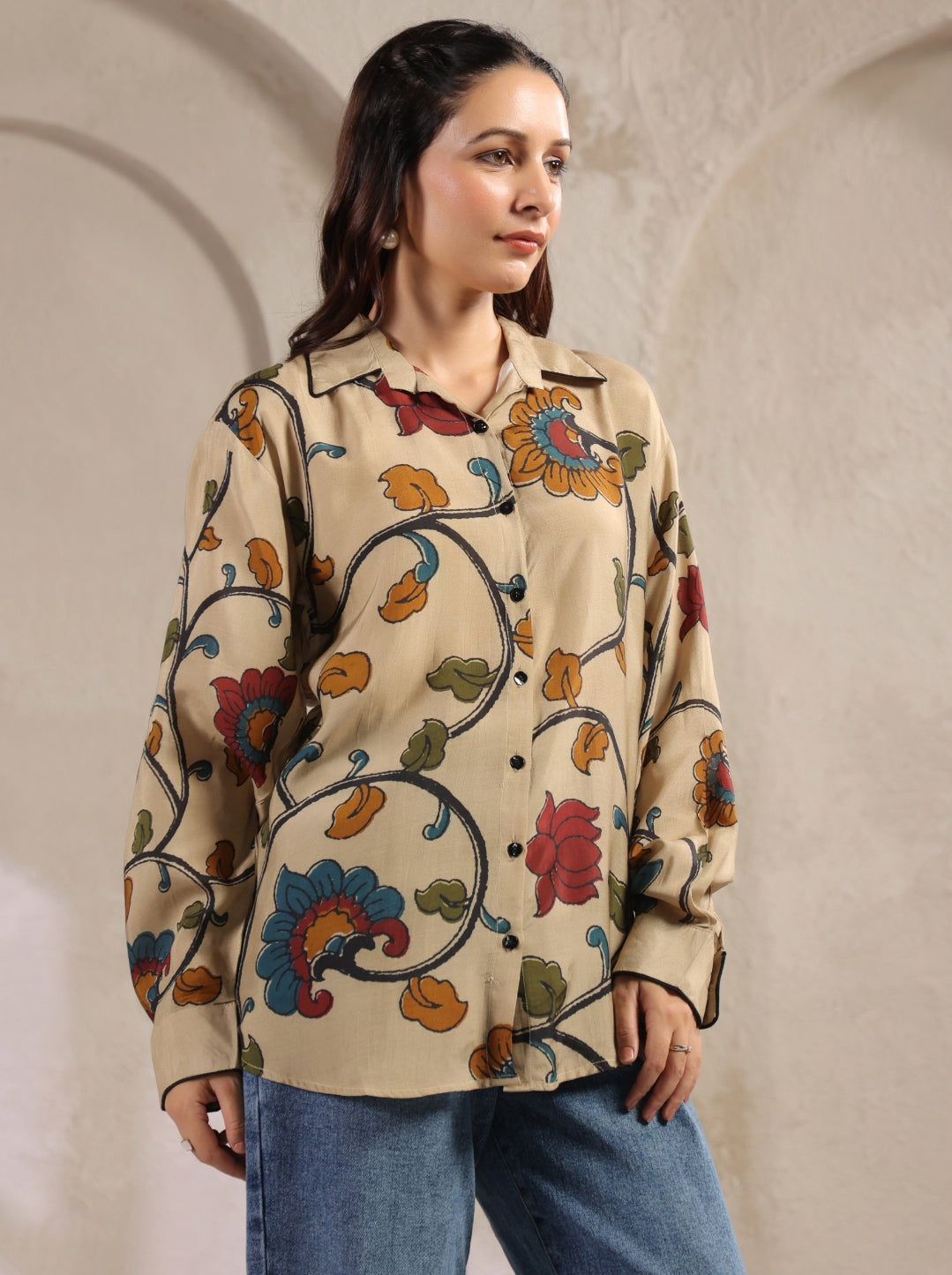 Ivory kalamkari shirt low high pattern (A961)