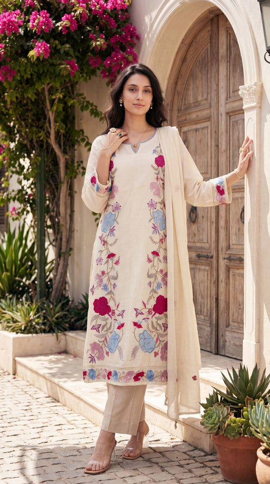 Soft crush chanderi full thread work three piece set (B781)