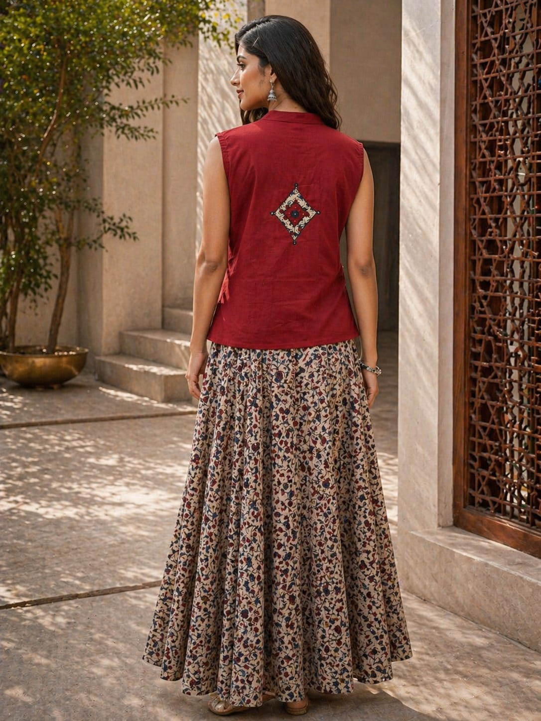 Pure cotton kalamkari top with flared skirt (B673)