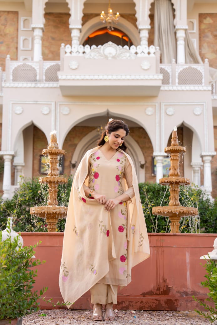 Light almond pure mul chanderi with full thread work three piece set (P1955)