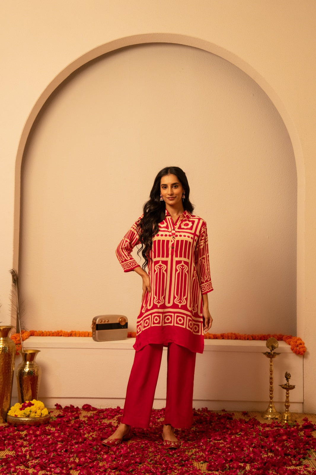 Pure crape red colour two piece cordset (A1087)