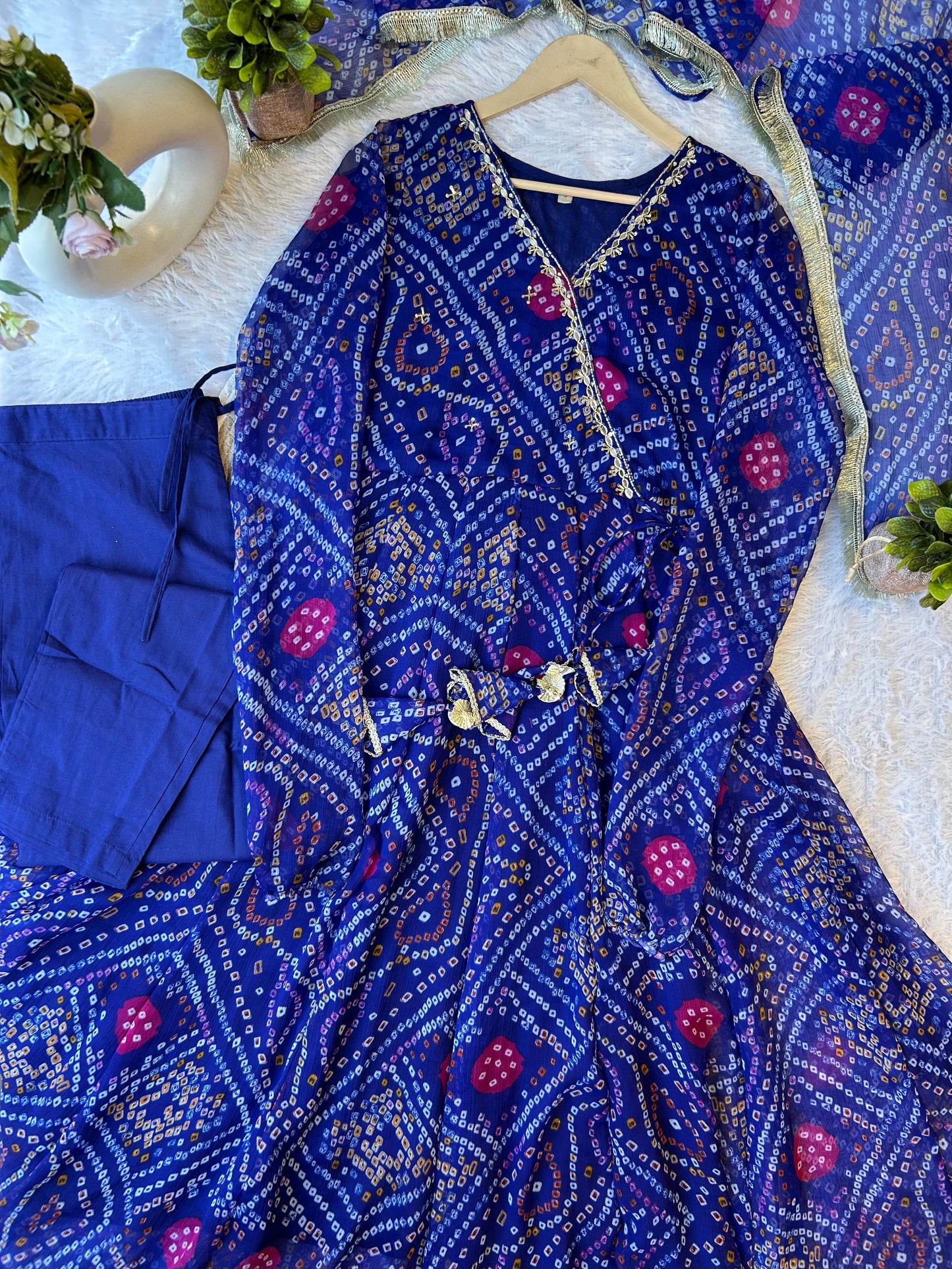 Blue bandani pure chiffon Angrakha pattern three piece set (A1084)