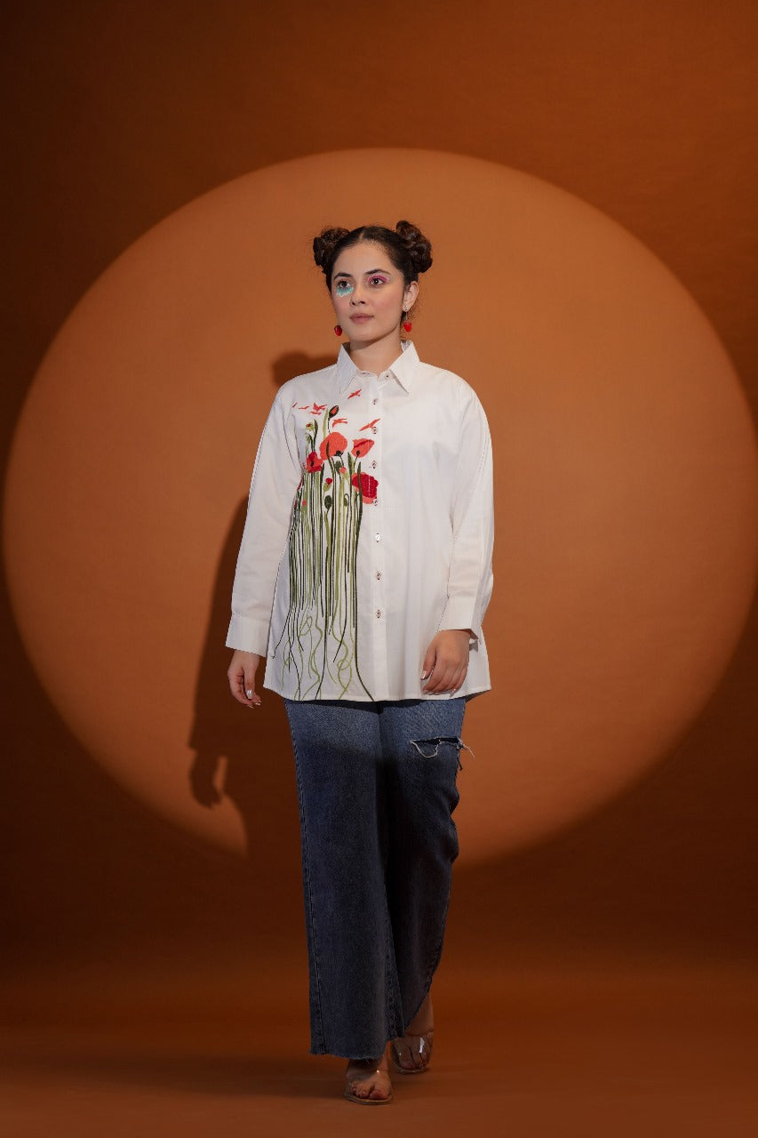 Pure cotton white shirt with fully thread work (P2183)