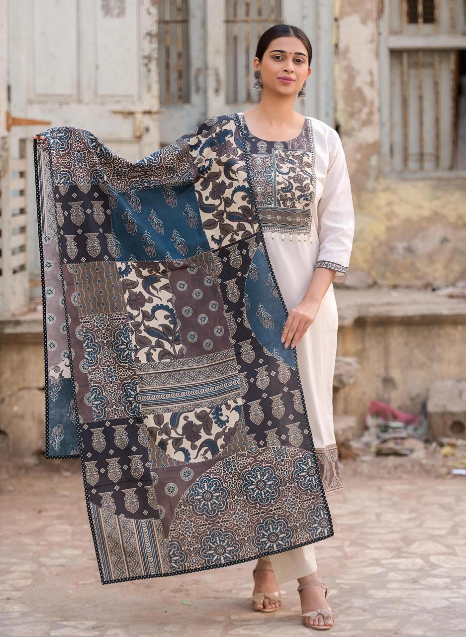 Off white with ajrakh dupatta pure cotton three piece set (P2114)