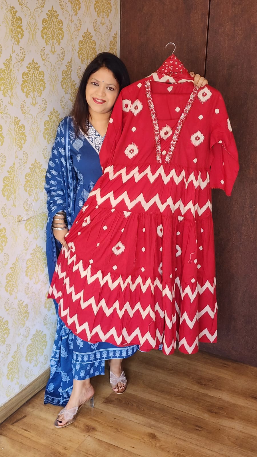 Bright red pure cotton full flared anarkali (P1949)