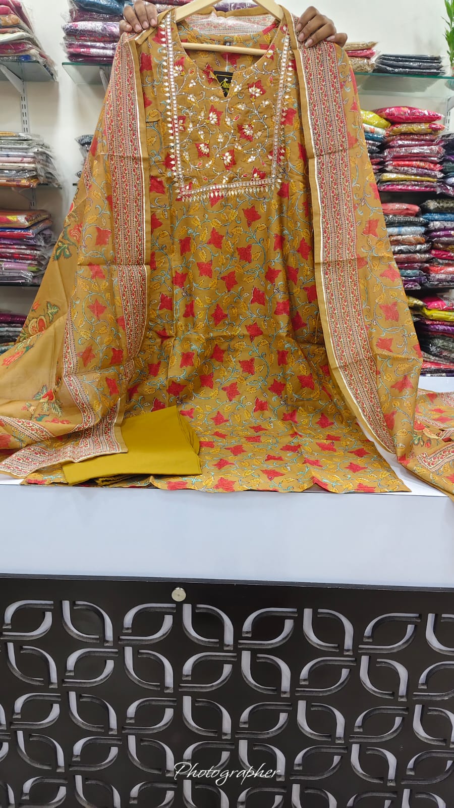 Mustred chanderi with lining three piece set (A919)