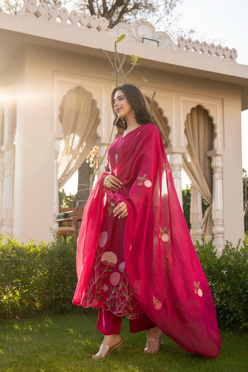 Wine pure mul chanderi with mul lining full thread work pakistani sleeves three piece set (P2164)