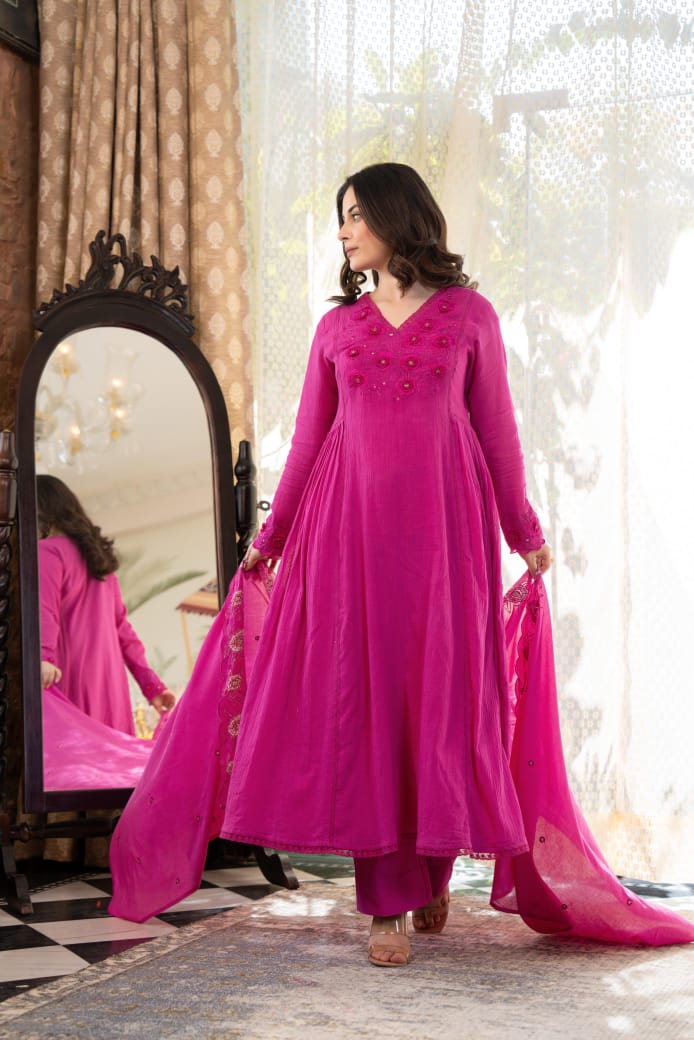 Bright pink crush cotton full thread work three piece set (P2046)