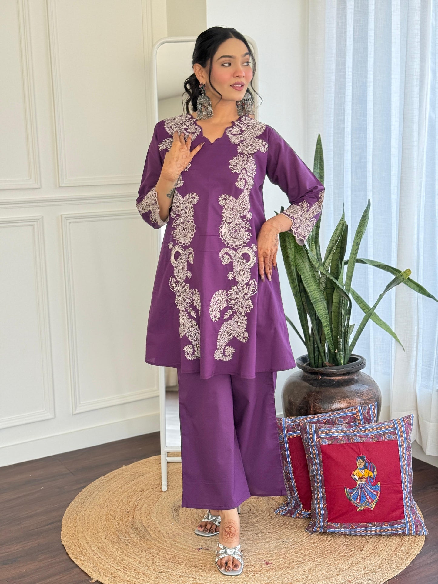 Purple pure cotton fully embroidered two piece cordset (P1970)