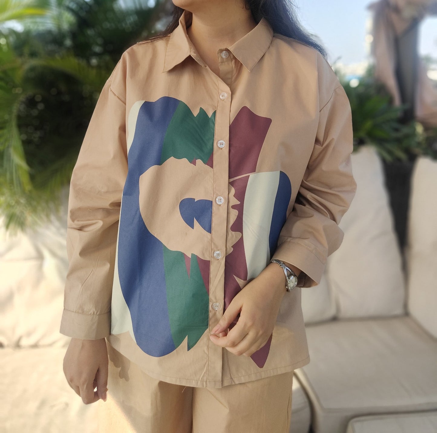 Camel colour cotton silk full paint work two piece cordset (P2038)