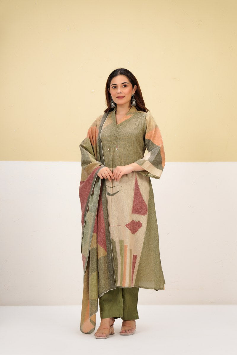 Cotton linen smart three piece set (B694) (loose fit upto 46 can grabe)