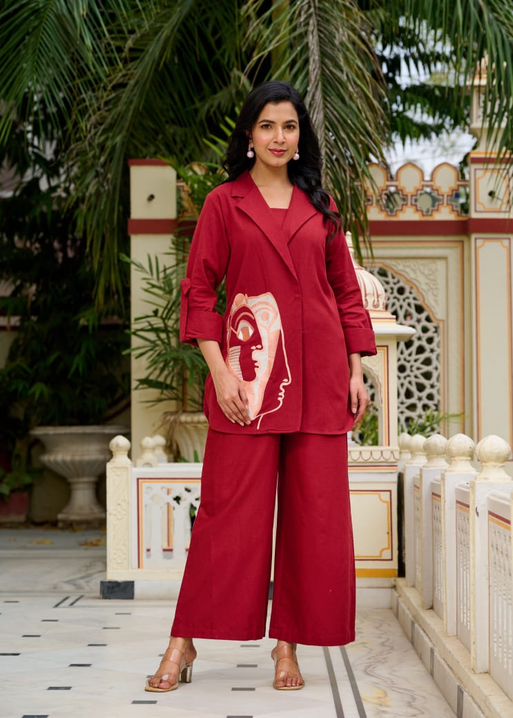 Red pure cotton linen with inner fully embroidered on top and fully elastic bottom (P2066)
