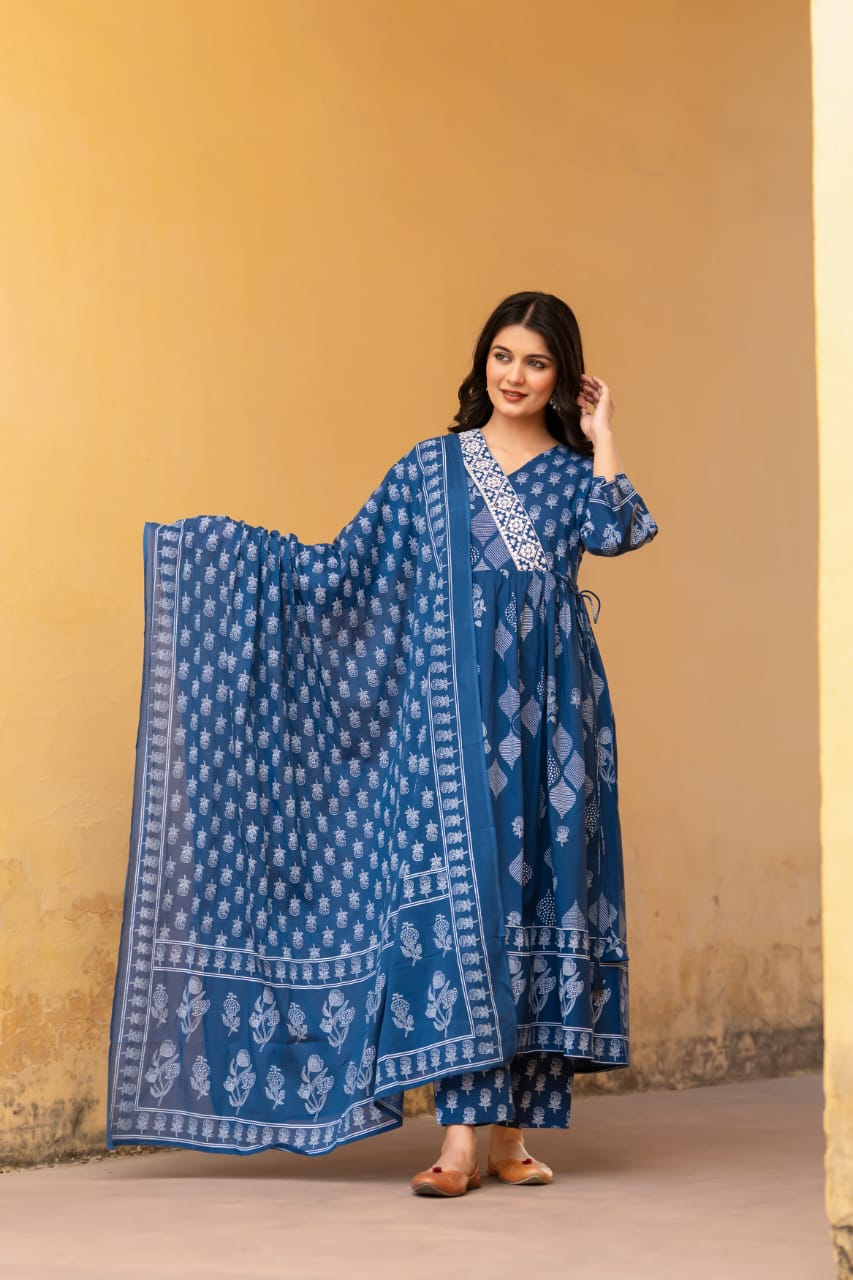 Blue original block print Angrakha pattern three piece set (P1960)