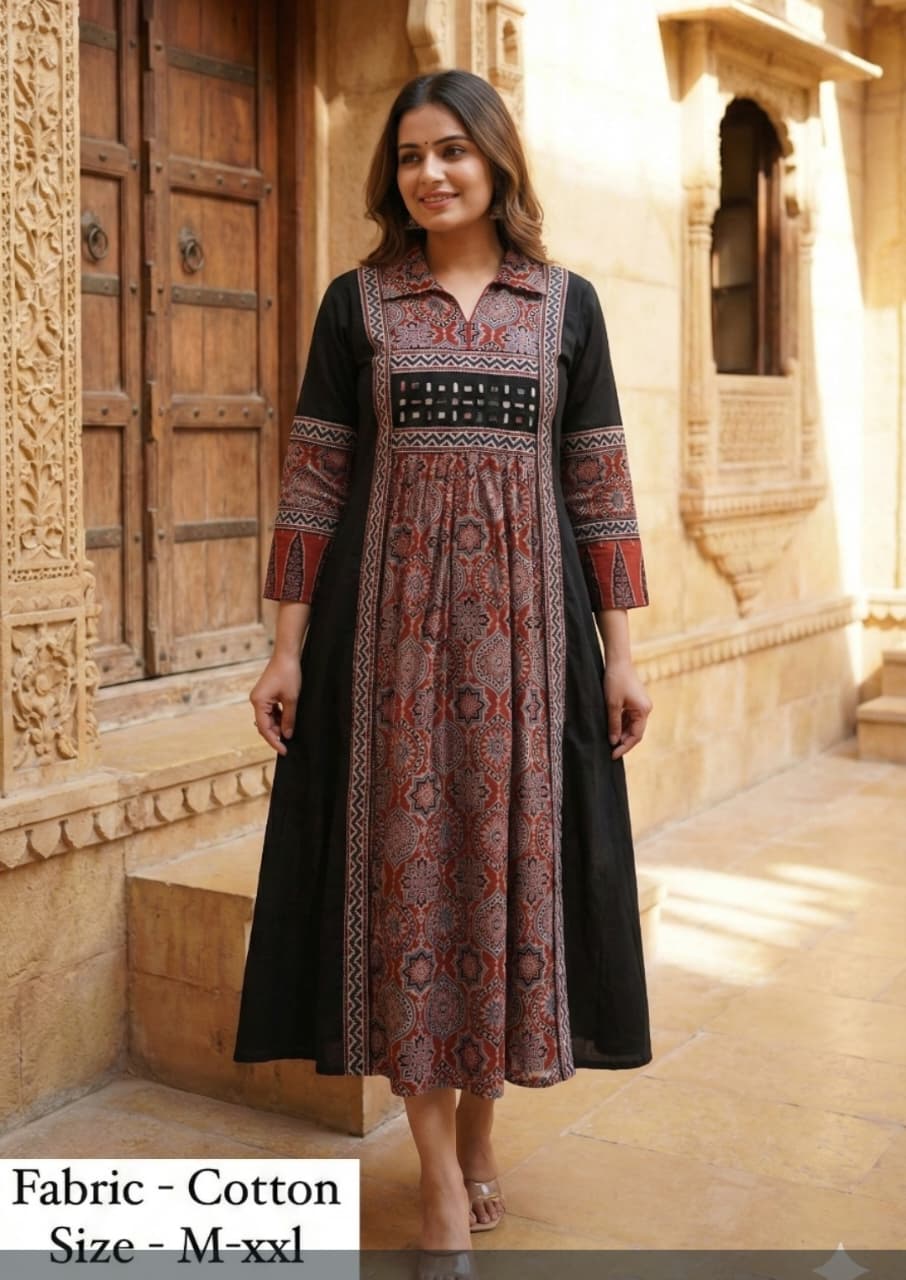 Handloom cotton A line with real mirror smart one piece dress (B704)