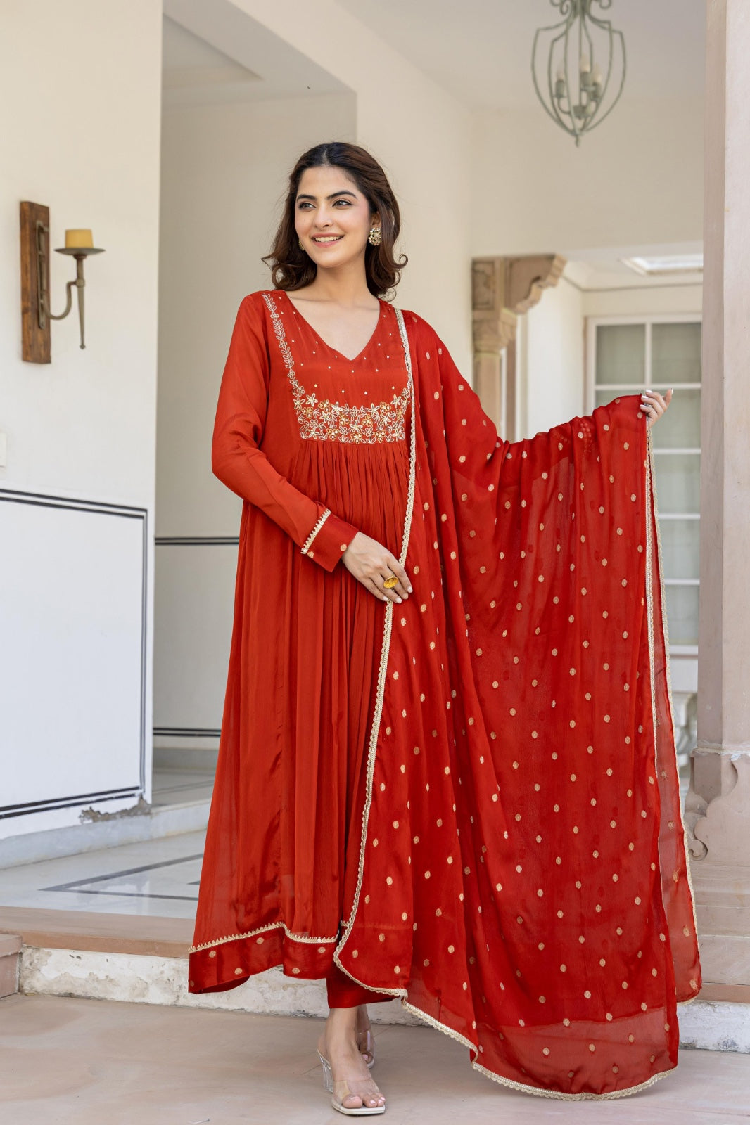 Brunt orange pure chinnon with zari work three piece set (P2054)