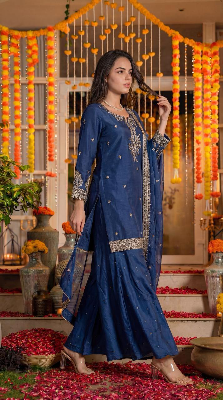 Blue pure silk with lining full jari work three piece set (A1390)
