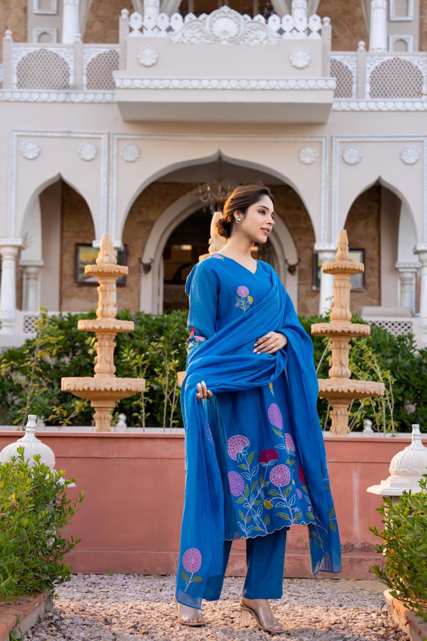 Royal blue pure mul chanderi with mul lining full thread work pakistani sleeves three piece set (P2163)