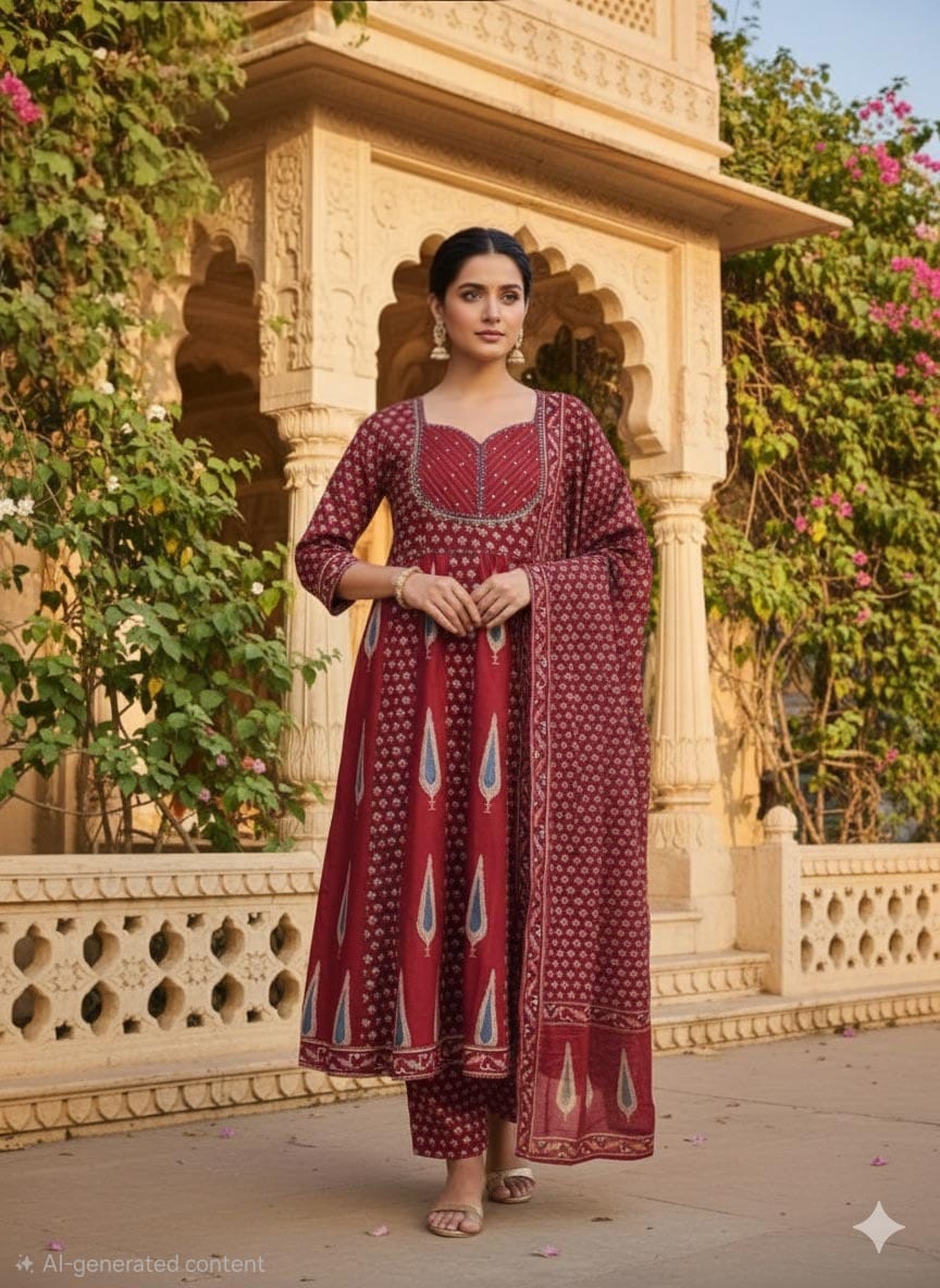 Pure cotton flared anarkali three piece set (A1600)