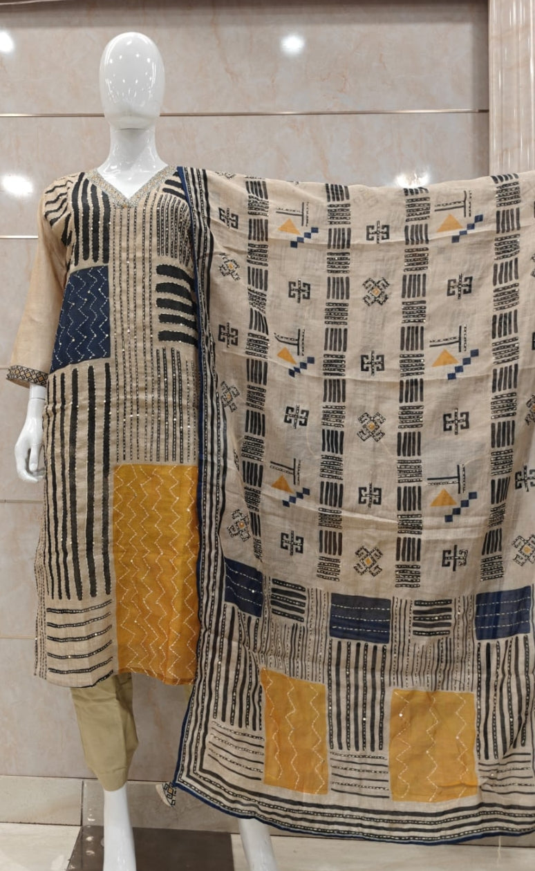 Pure chanderi with full katha work designer three piece set (A1346)