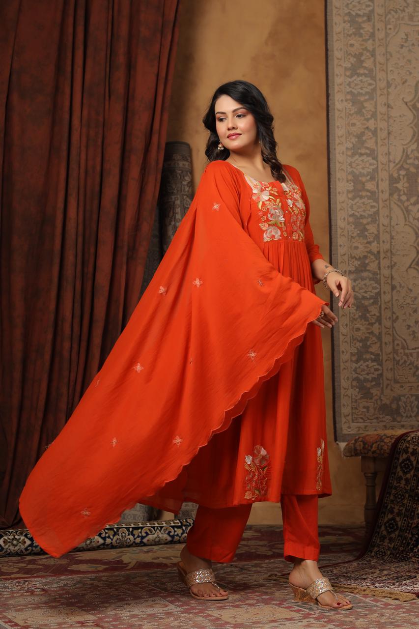 Orange mul chanderi with thread work three piece set (P2013)
