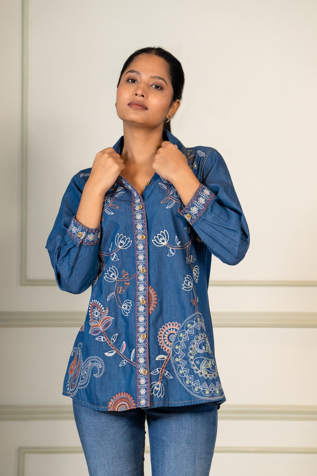 Blue denim fully embroidered top (A1153)