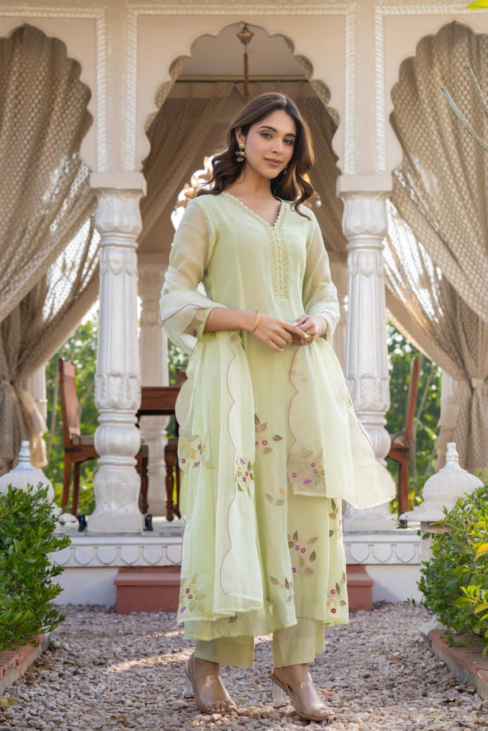 Light green mul chanderi with full thread work three piece set (P2034)
