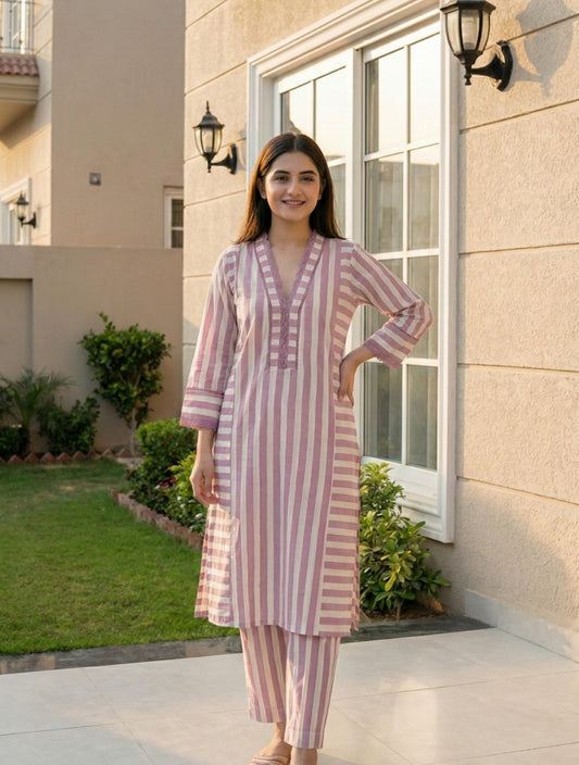 Pure cotton stripes smart two piece cordset (B200)
