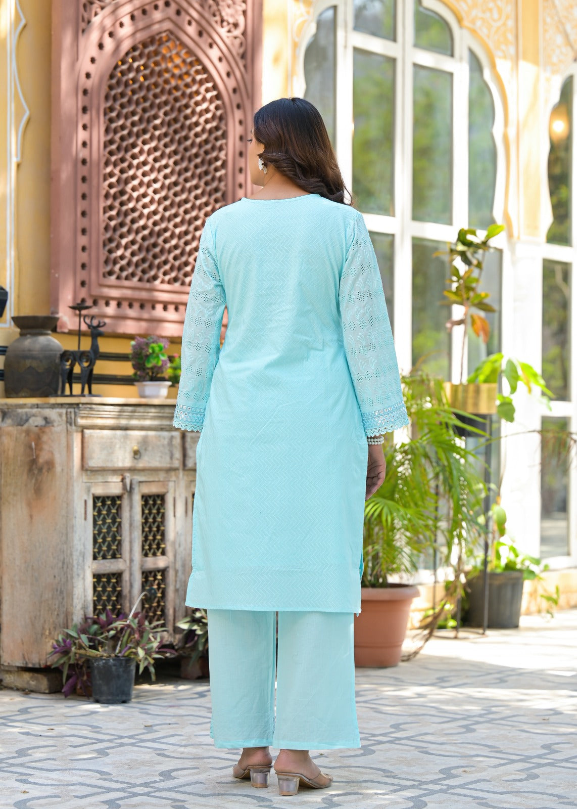 Powder blue hakoba with real mirror work two piece cordset (P2047)