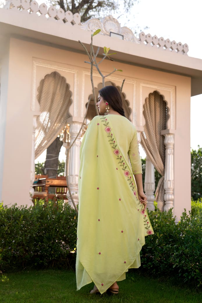 Green cotton with thread embroidery three piece set (P2073)