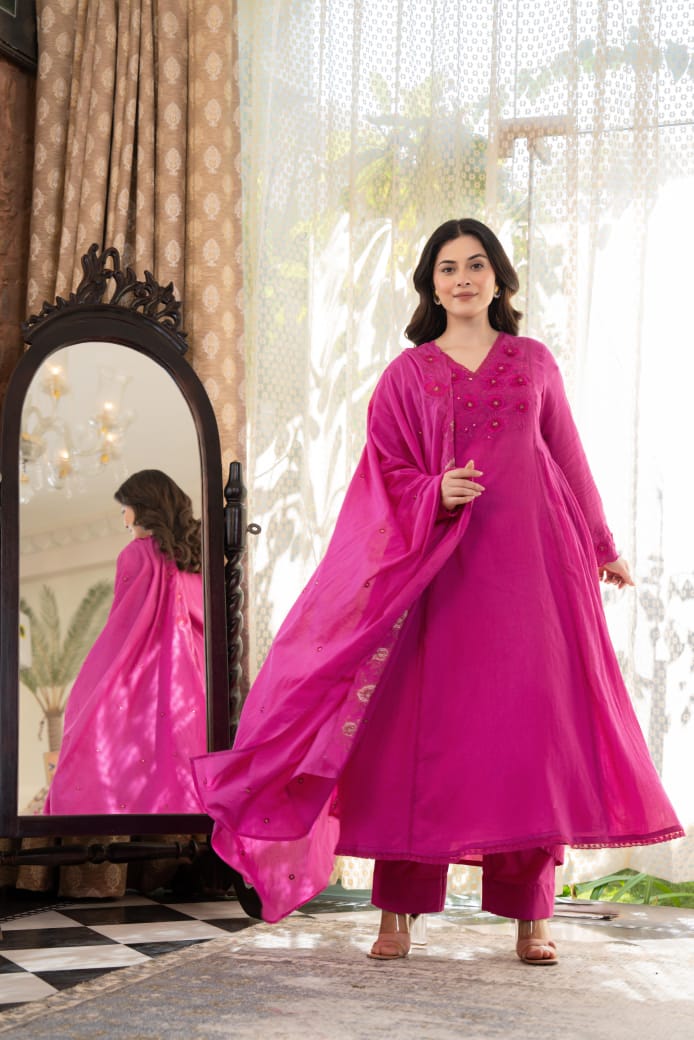 Bright pink crush cotton full thread work three piece set (P2046)