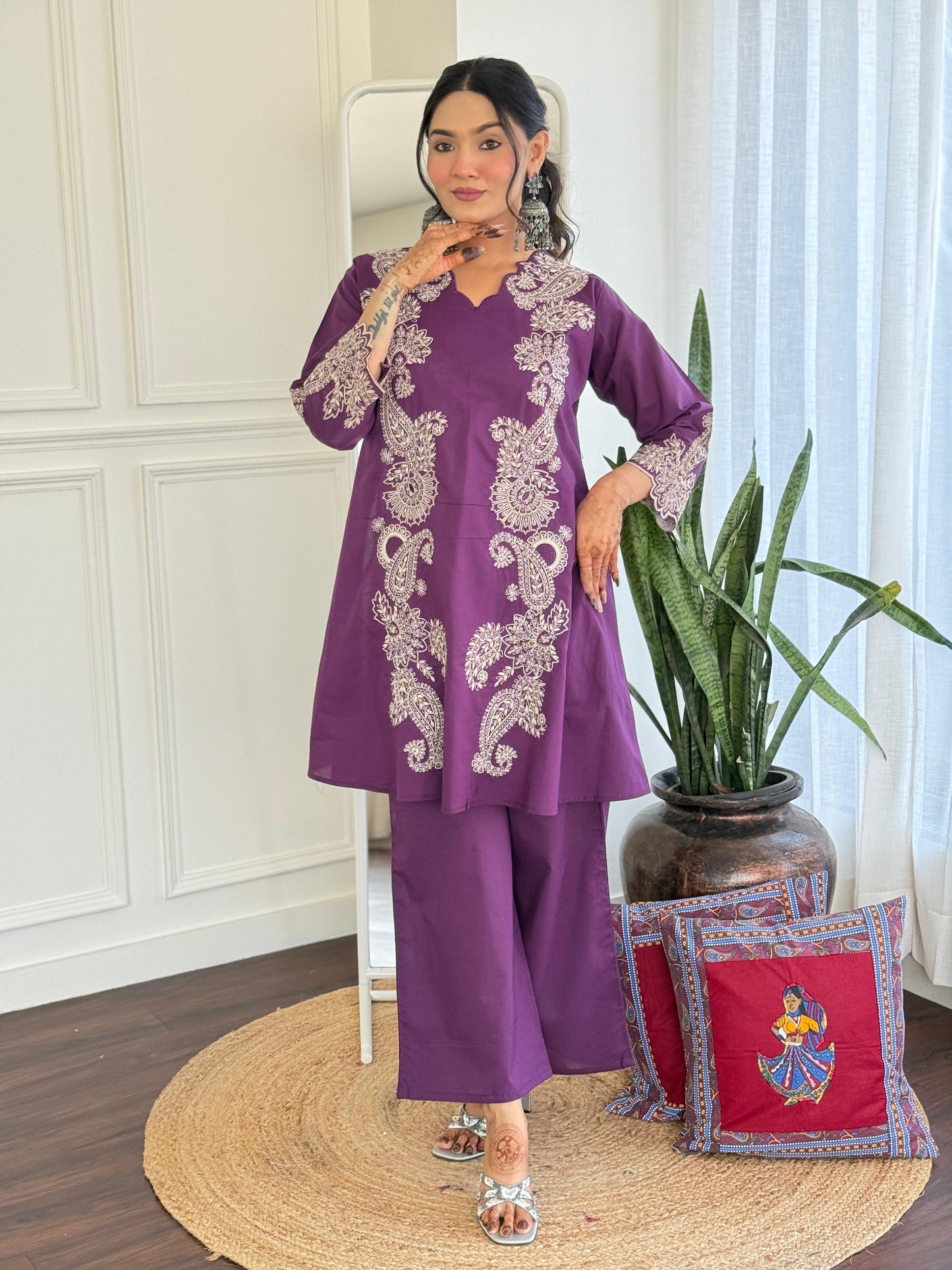 Purple pure cotton fully embroidered two piece cordset (P1970)