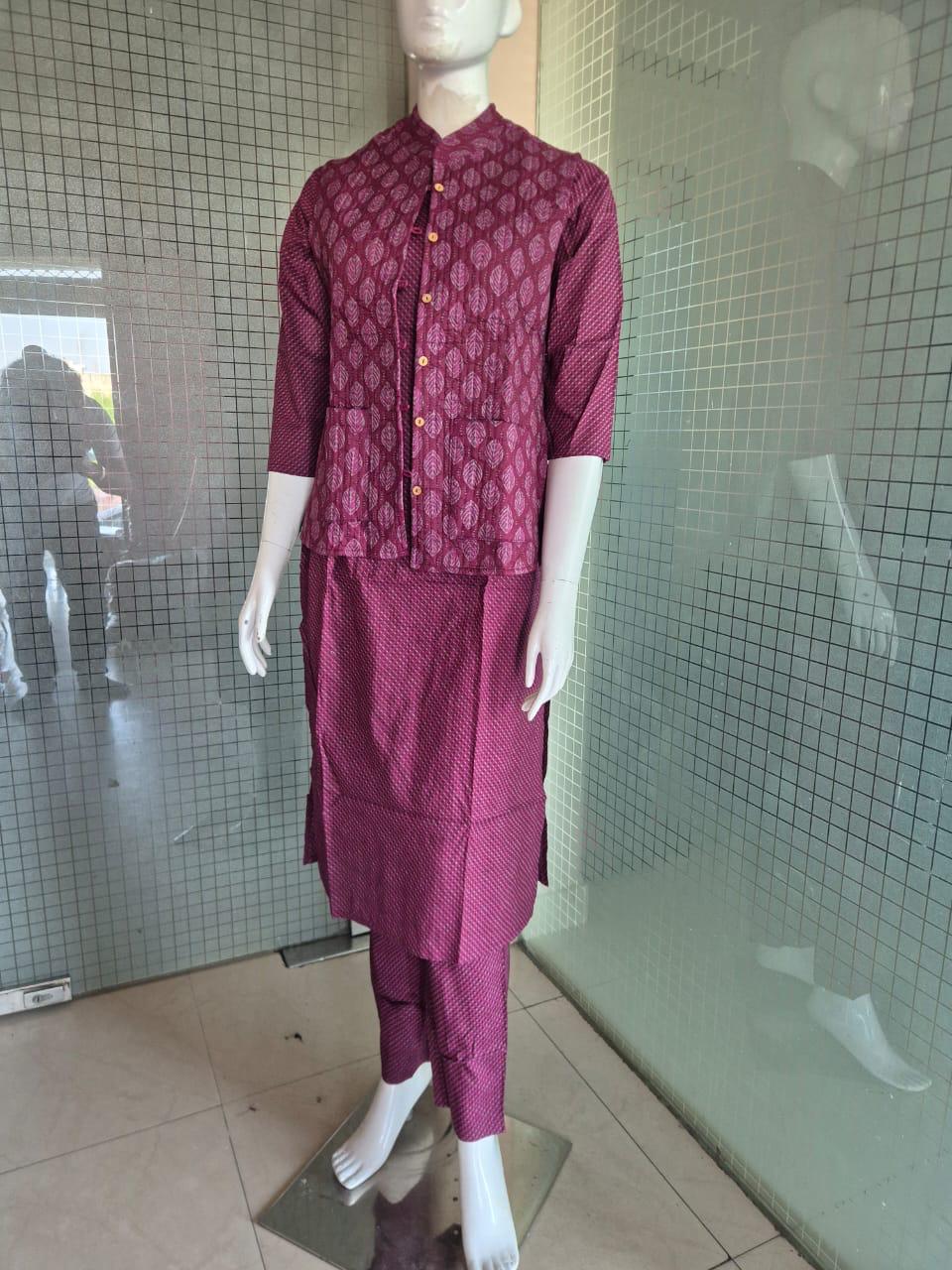 Pure cotton block print with quilted jacket three piece set (A1247)