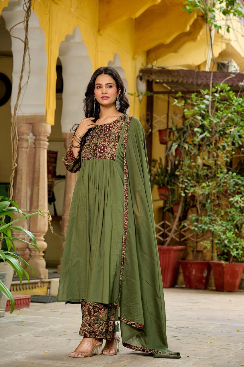 Olive green pure cotton kalamkari three piece set (A398)